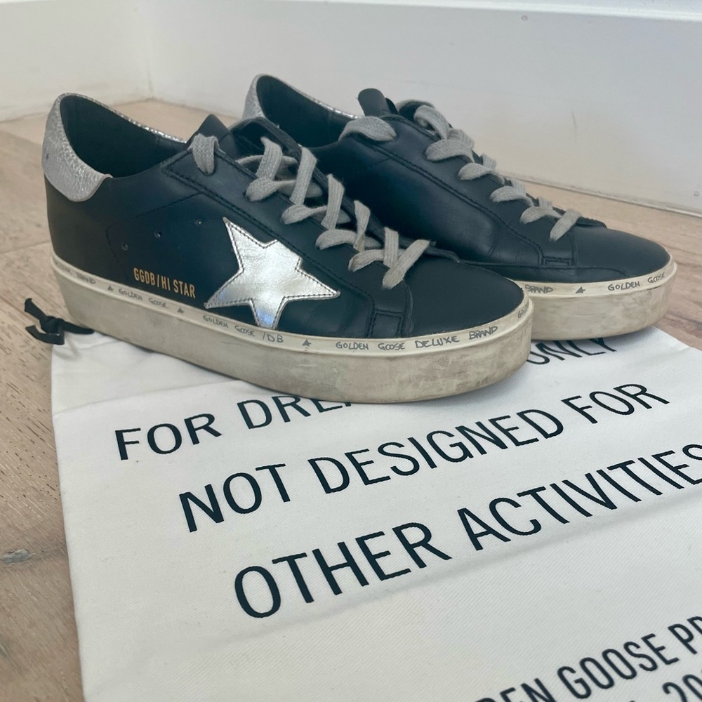Golden Goose Hi Star in Black Leather with Silver Star 36